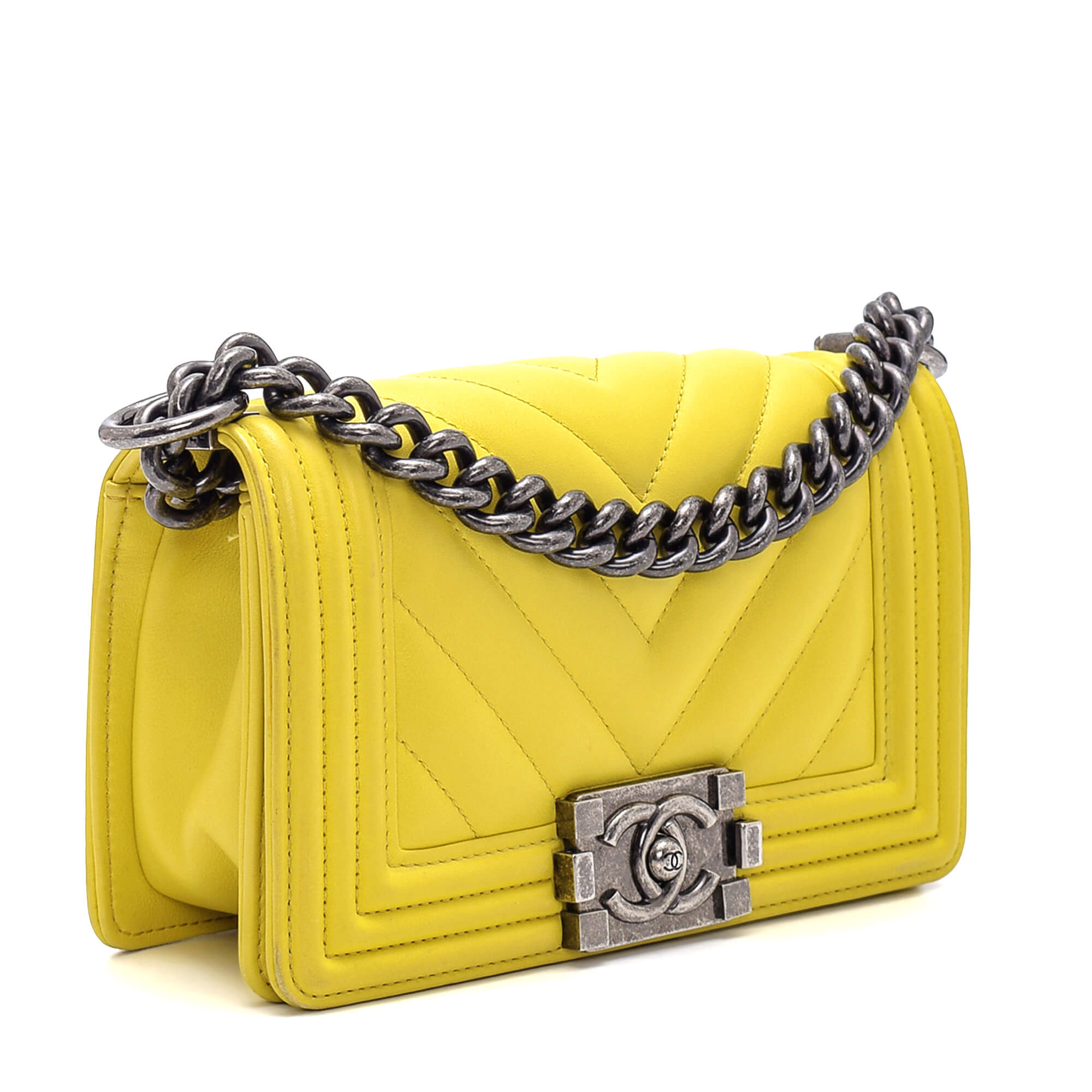 Chanel - Lime Chevron Lambskin Leather Small Le Boy Bag